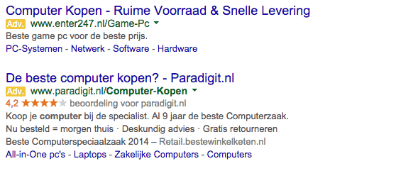 Google Adwords referentie sterren