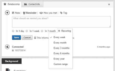 LinkedIn relationship tab herinnering