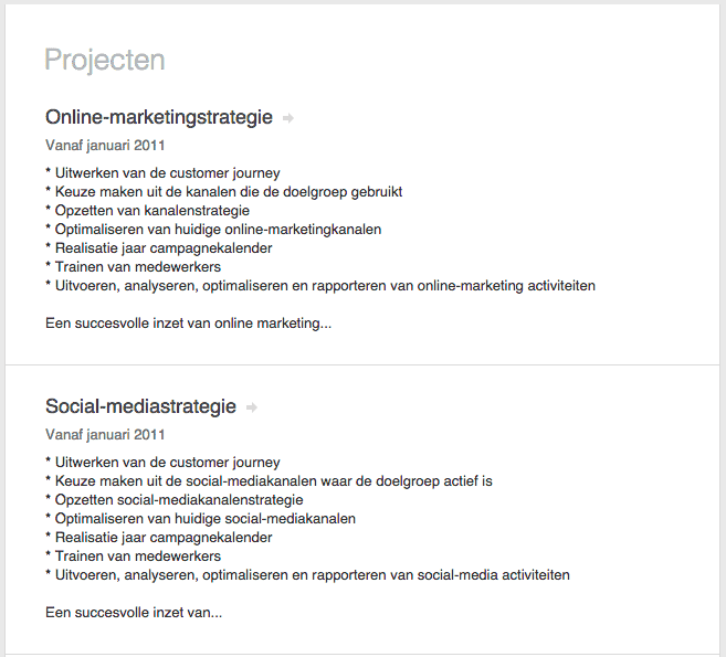 linkedin - gebruik maken van projecten